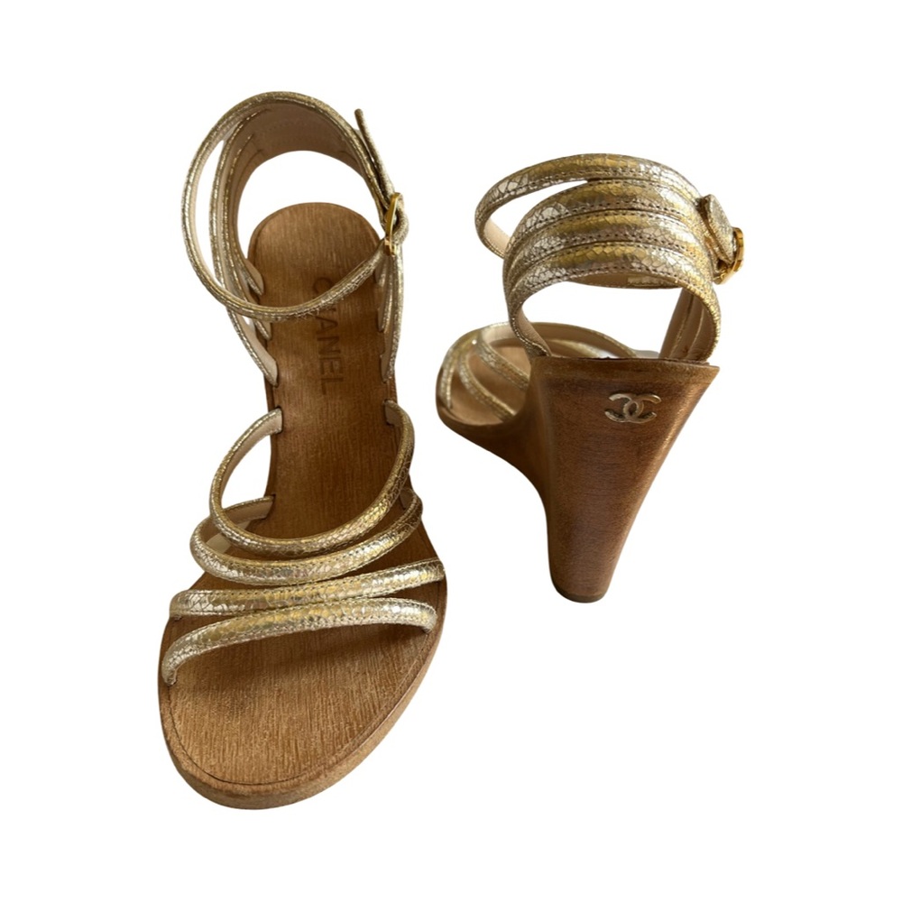 CHANEL Gold Wedge Sandal, Strappy Wedge Sandal, CC logo Chanel Wedge Sandal